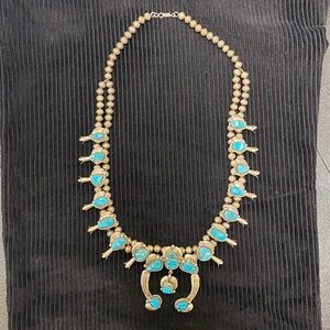 Vintage Navajo Squash Blossom Sterling Silver Turquoise Necklace Signed
